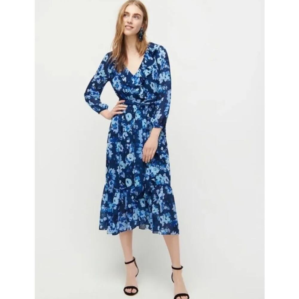 J. Crew Watercolor Begonias Dress Long Sleeve Floral Ruffle Belted Midi Blue